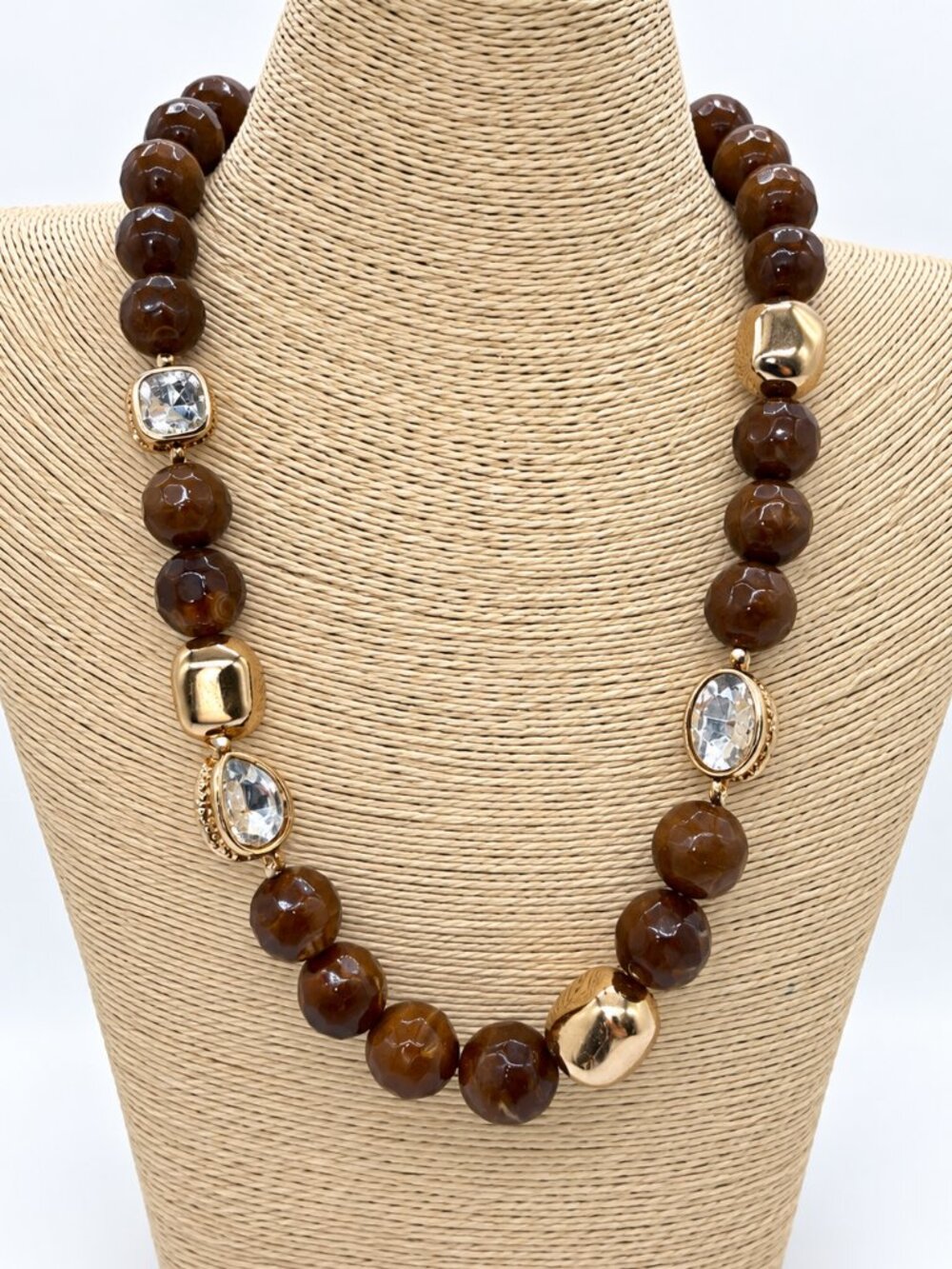 Brown Faceted Bead Gold Tone Crystal Statement Necklace